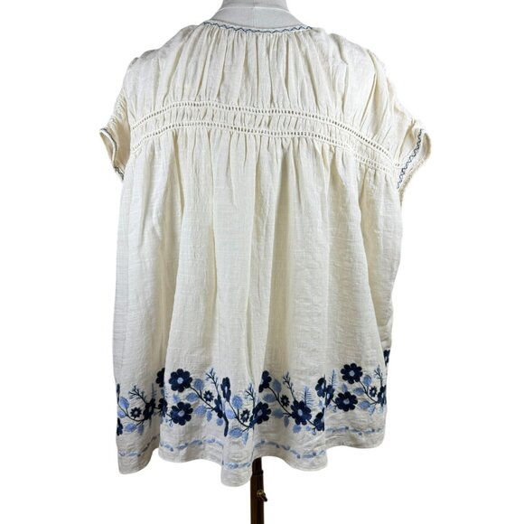 Max Studio Embroidered Boho Peasant Top Ivory Blue Floral Tunic Blouse SZ:L NWT - Picture 2 of 7